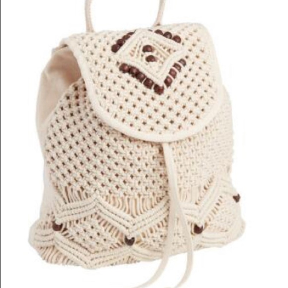 Ivory macrame and wood bead backpack